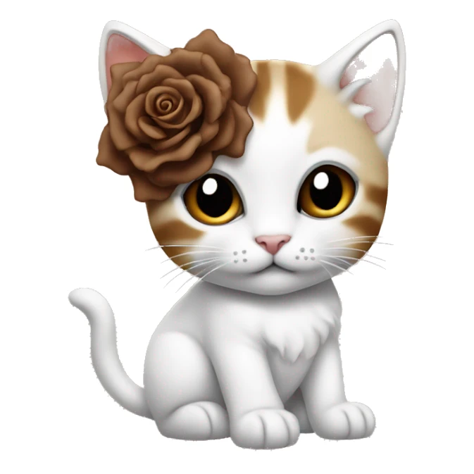 Kitten with brown gears all white with a rose and a bow, in the ear sticker