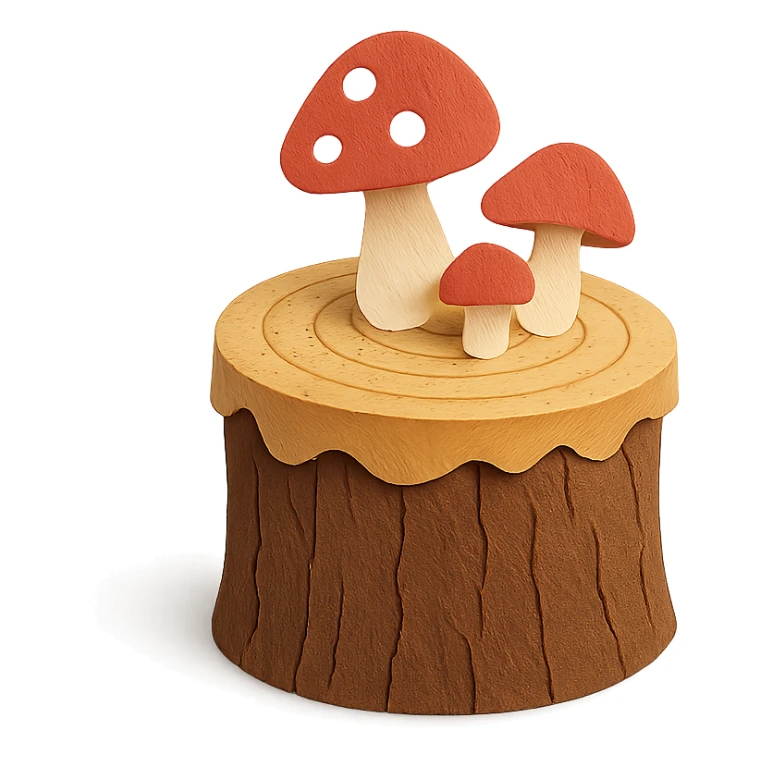 a tree stump cake topped with mushrooms, forest dessert concept, paper-craft style sticker