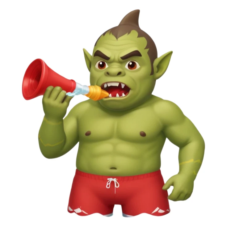 orc male in shark floatie, blowing whistle. Red swim trunks sticker