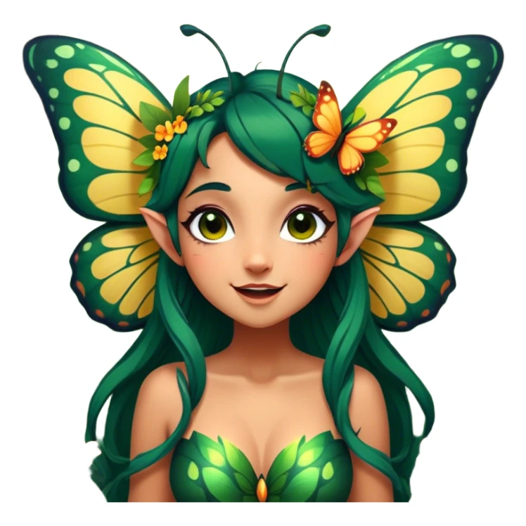 Cinematic Realistic Forest Fairy Portrait, head tilted dramatically with an exaggeratedly amused expression, featuring a striking, nature-infused form with glowing, sun-kissed tanned skin and vividly detailed dark green hair adorned with floral accents. Her expressive eyes brim with playful forest mischief, rendered with vibrant, lifelike textures and dynamic dappled lighting that conveys a spirited, over‐the‐top woodland whimsy showing her large butterfly wings from her back. sticker