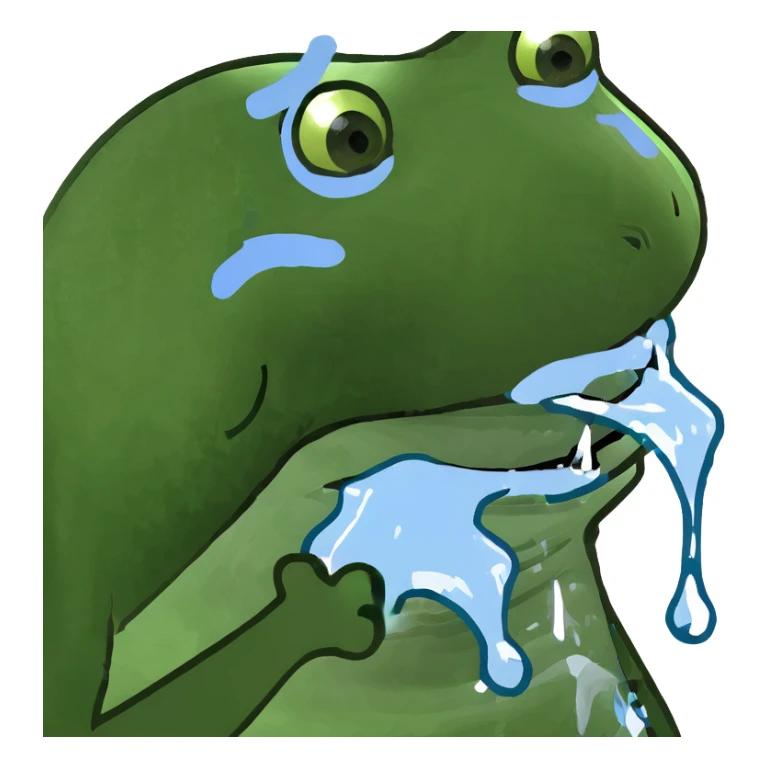 Green frog with blue tint, freezing, teeth chattering, with icicles sticker