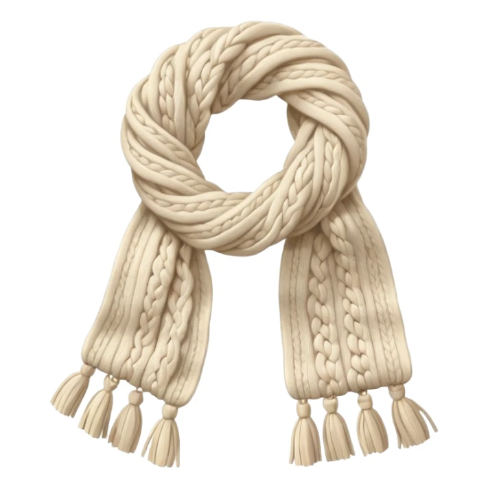ivory cable-knit scarf emoji, isolated object, no person, folded not twisted, visible braided knit pattern like a knitted sweater, thick soft wool texture, light beige shadows, warm soft shading sticker