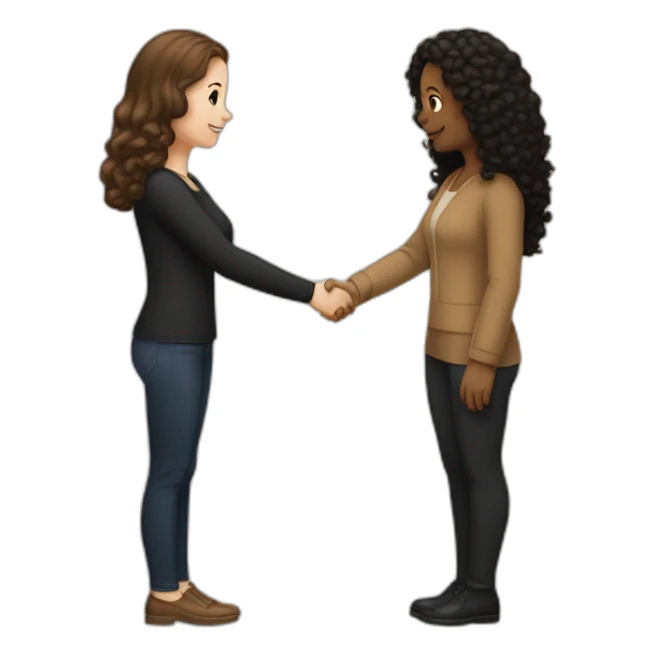 mid-sized pale woman with straight brown hair shakes hands with a tan mid-sized woman with black curly hair sticker