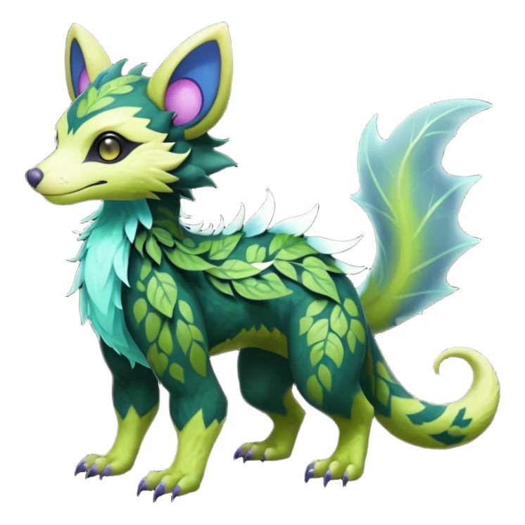 Realistic Sharp swampy mossy elemental ivy floral detailed Colorful translucent luminescent glowing Trico-Noibat-batty-Sergal-Furret-Ferret-Wolverine-Vernid-furry-fursona-fusion-Fakemon-animal-hybrid-creature, full body sticker