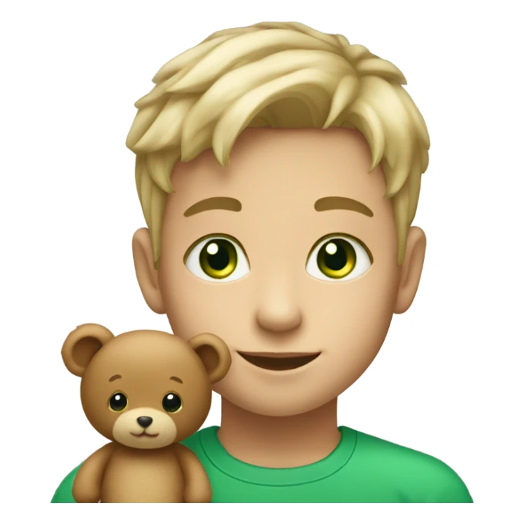 Little boy with light hair and green eyes with teddy bear sticker