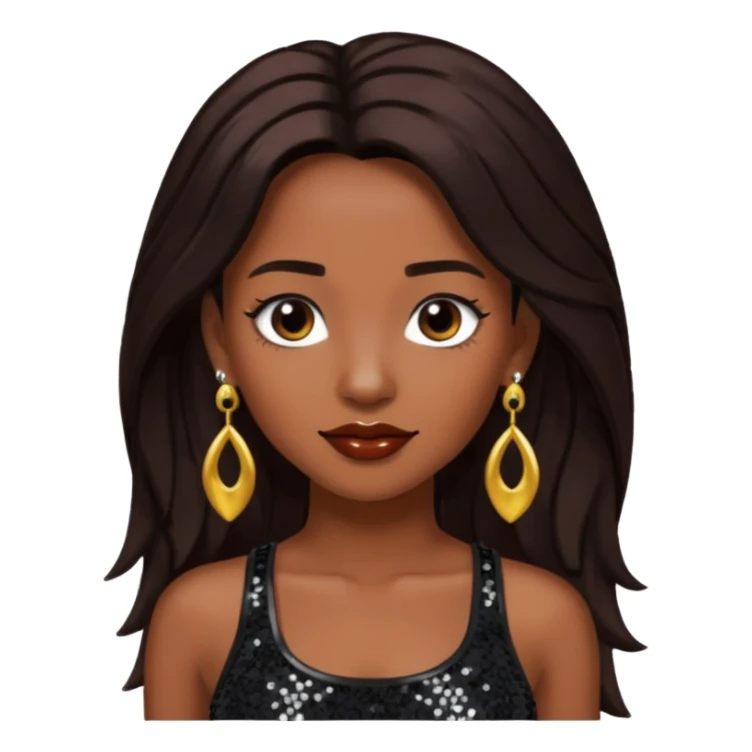 Chilli from TLC with long dark brown hair, black sequin crop top, black earring sticker