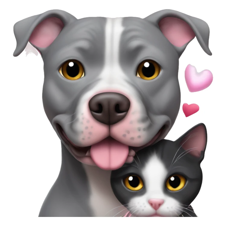 Grey pitbull and black cat cuddling surrounded by pink hearts  sticker