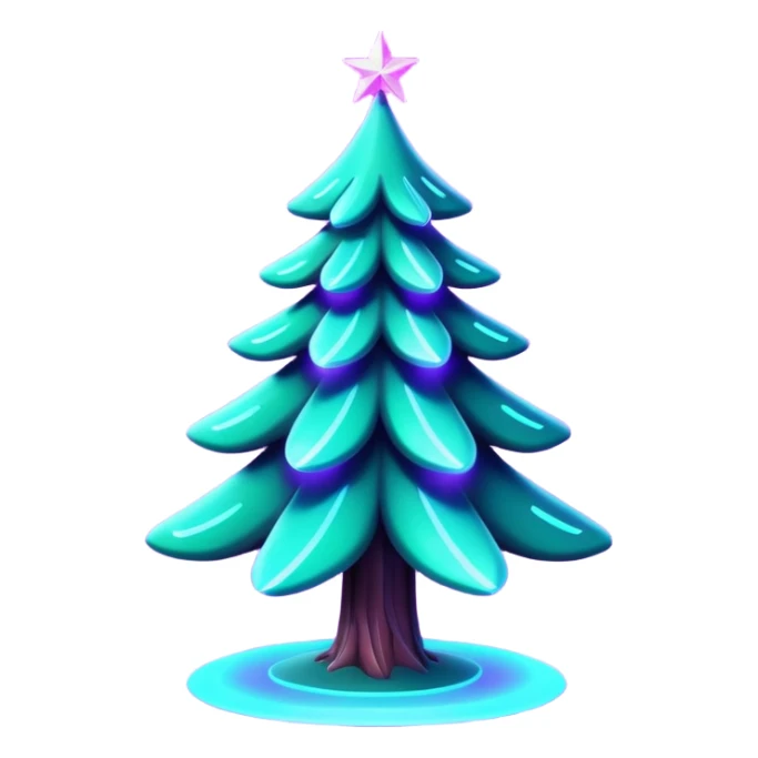 Futuristic glowing Christmas tree emoji with neon decorations, purple and cyan holographic glow, dark background, festive sparkles, no face. sticker