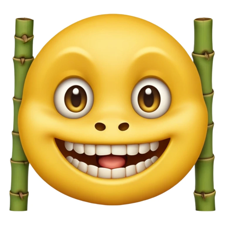 classic yellow emoji face with large eyes biting firmly on bamboo muzzle, teeth visible sticker