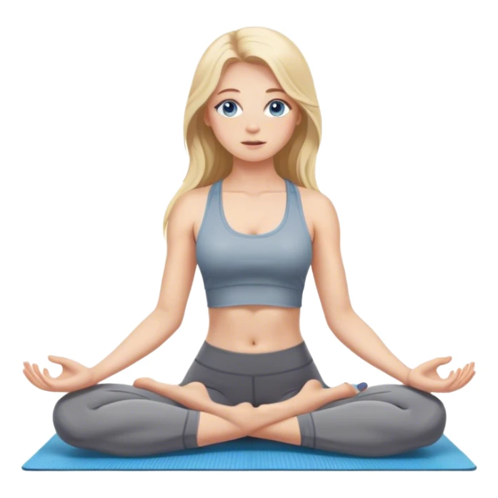 A cinematically realistic blonde with long hair and blue eyes, dressed in a gray tank top and leggings, does yoga on a mat sticker