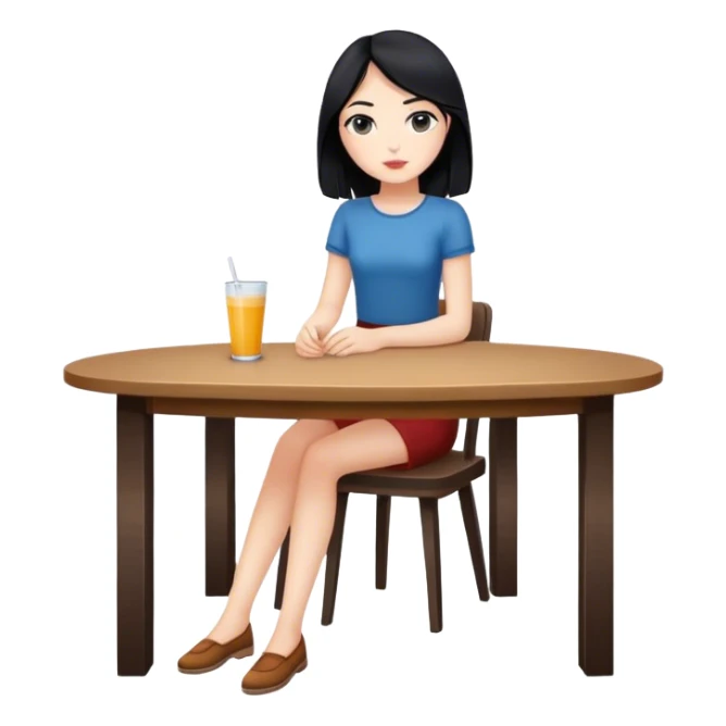 White girl full body sitting at table with black hair sticker