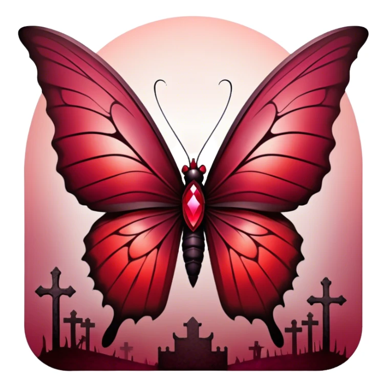 A breathtaking Gothic butterfly with wings adorned in a mesmerizing gradient of ruby, scarlet, burgundy, Venetian, and rustic red takes flight in the foreground. Behind it, dark and weathered crosses stand shrouded in crimson mist, creating a haunting yet beautiful contrast. sticker