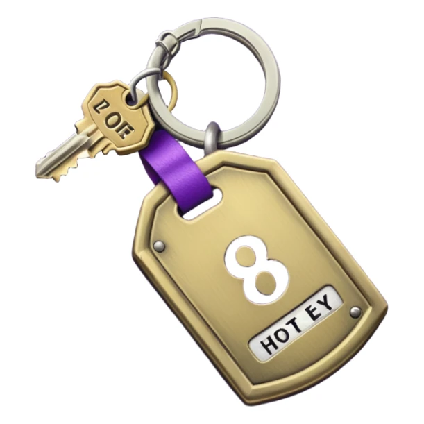 antique silver brass hotel key with large purple leather room number tag sticker