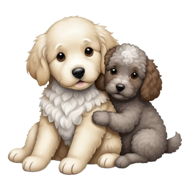 White Golden retriever hugging a grey, brown and white poodle sticker