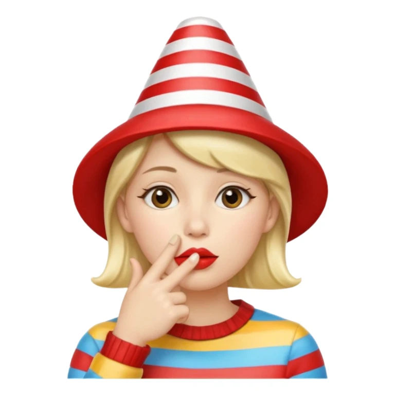 shushing face with finger to lips, wearing a striped party hat, festive vibe sticker