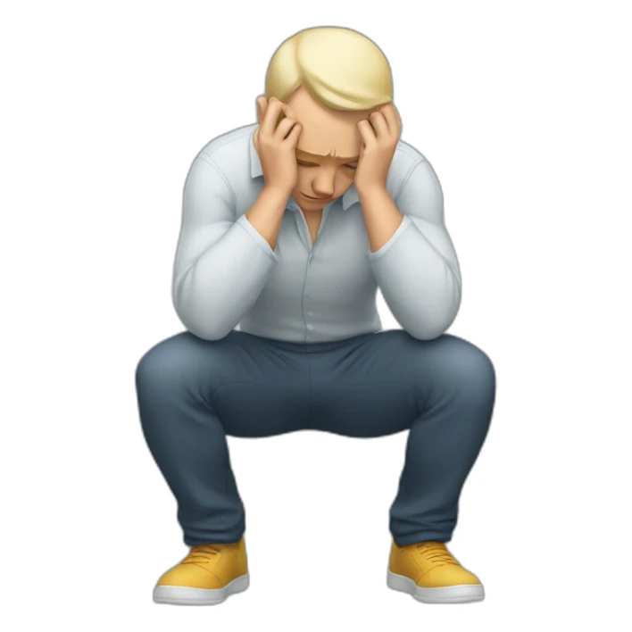 A white man squats holding his head sticker