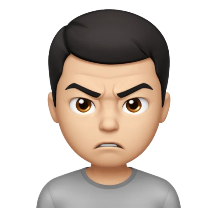 Create a 3D cartoon-style boy character with light brown skin, short straight black hair swept to one side covering part of his forehead, and an angry or annoyed expression. Sharp eyebrows, narrowed eyes, and lips pressed in irritation. sticker