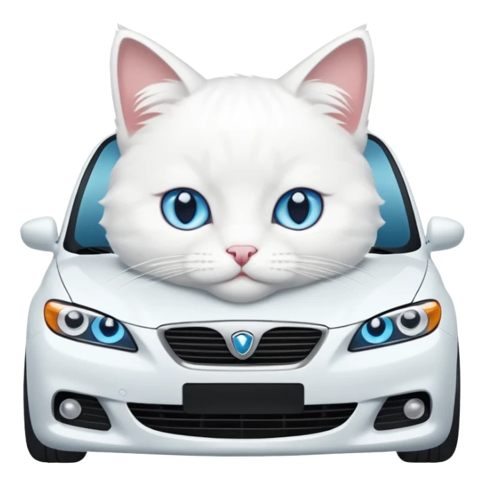 Please create a small emoji the size of 🚗 featuring a pure white cat with blue eyes on a white car. sticker