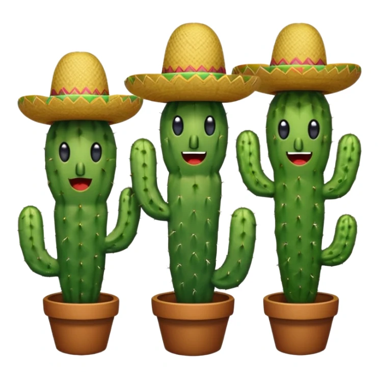 three cartoon cactuses together, each with different facial expression: cheeky, happy, surprised, each wearing traditional Mexican hat, vibrant fun emoji style sticker