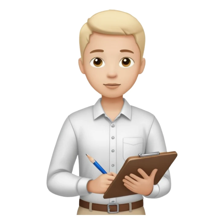 intern or volunteer holding a clipboard and pencil, ready to take notes or assist. The character wears a simple shirt and has an eager posture sticker