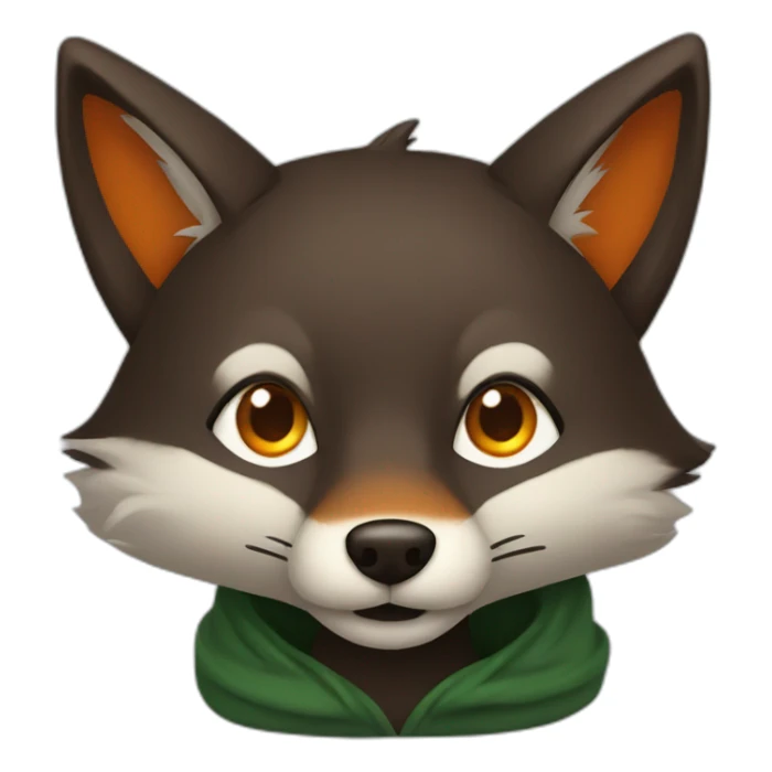 a small dark brown fox with orange eyes with a dark green hood that smile sticker