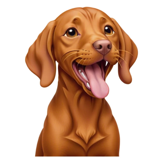 Cinematic Cute Yawning Vizsla Portrait Emoji, Head tilted slightly with a dramatic, wide-open yawn, showcasing a smooth rust and gold Fur with a subtle shimmer, floppy ears slightly drooping, round amber eyes barely open in drowsy contentment, Simplified yet irresistibly adorable features, highly detailed, glowing with a soft, cozy glow, high shine, relaxed yet expressive, stylized with a touch of whimsy, bright and endearing, soft glowing outline, capturing the essence of a sleepy yet affectionate companion, so drowsy it feels like it could stretch out of the screen and curl up for a nap! sticker