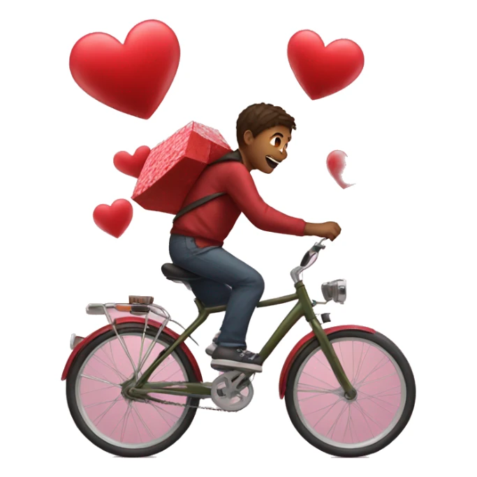 Boy on bicycle runs over a valentine heart sticker