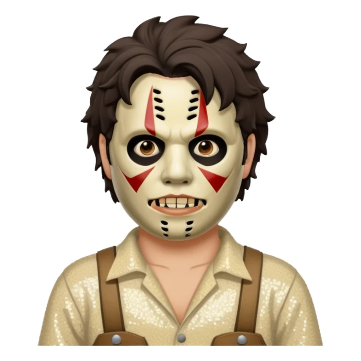 Leatherface with tan mask with dark brown hair, ivory sequin outfit  sticker