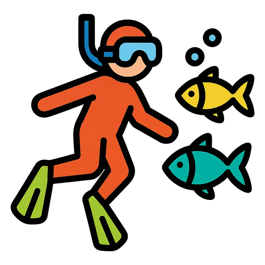 a diver swimming with fish, vibrant colors, modern flat icon style sticker