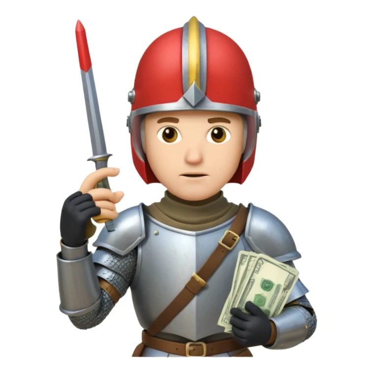 Knight with helmet holding phone and money sticker