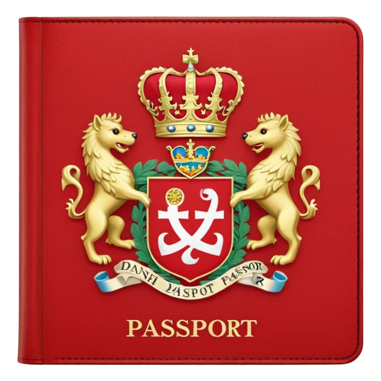 Danish passport, red cover with coat of arms sticker