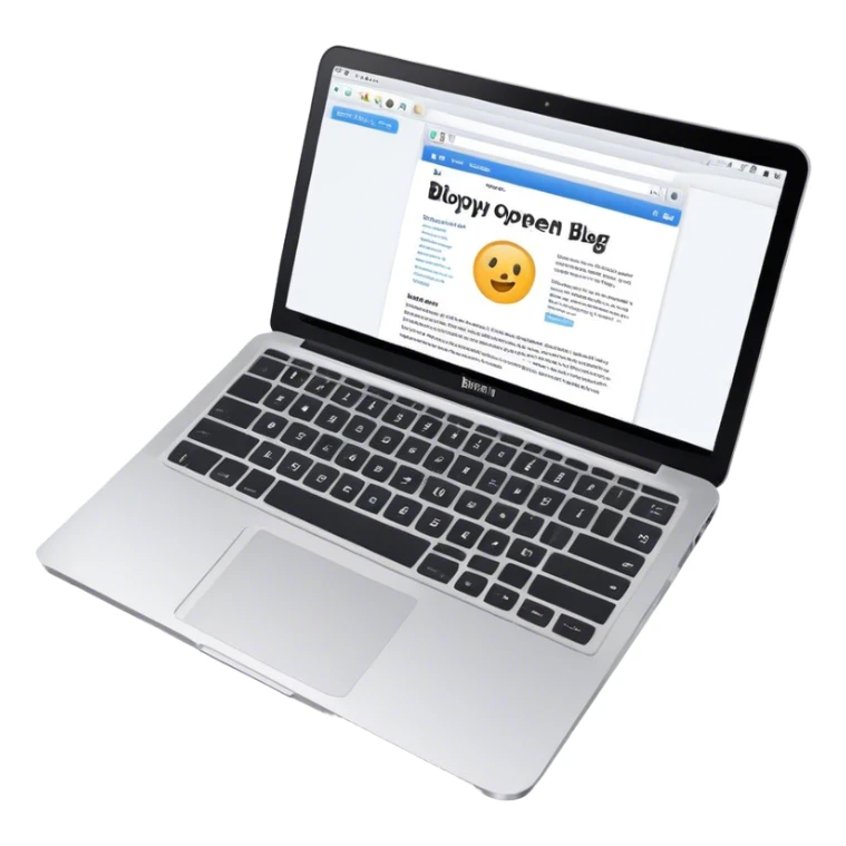 Create an emoji representing blogging as a form of content creation. The design should feature a laptop or desktop computer with an open blog page on the screen, showing visible text, photo or graphic. Do not include any emojis or smiley faces. Make the background transparent. sticker