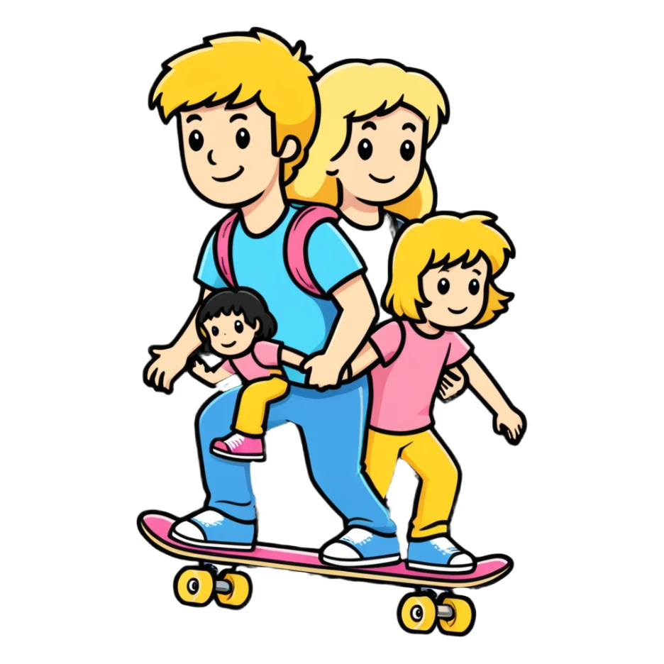 blonde mullet man carrying 2 daughters while on a skateboard sticker