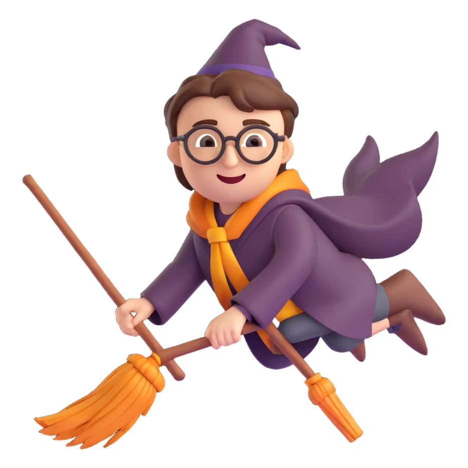 Harry Potter emoji flying on a broomstick, glasses, happy sticker