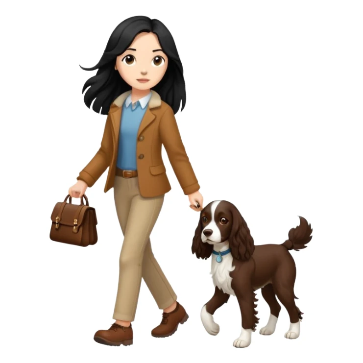 A girl with long black hair walks a brown springer spaniel sticker