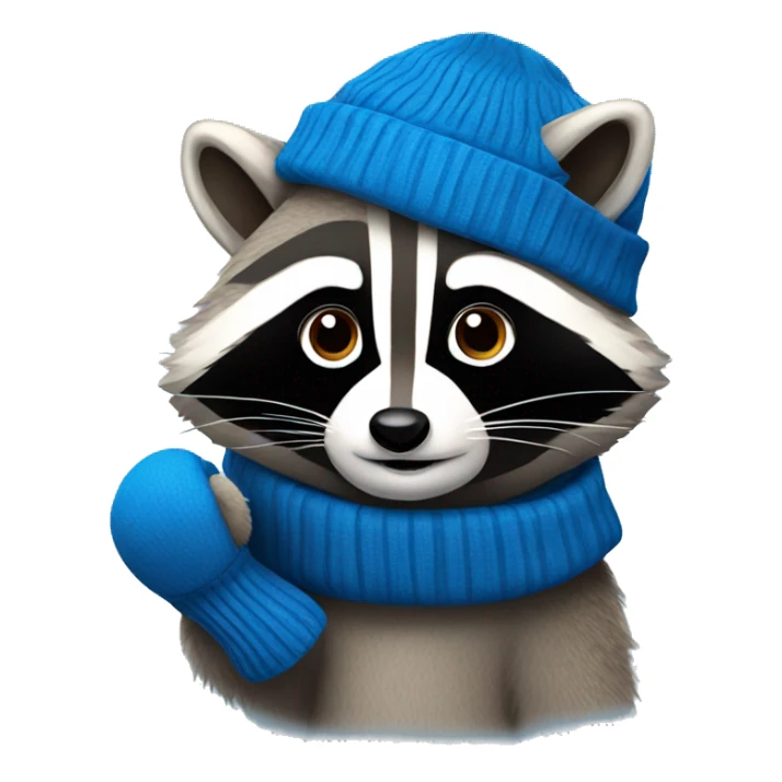 Raccoon wearing blue mittens and hat sticker