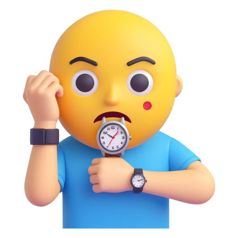 A yellow emoji face with a worried expression, looking at a wristwatch with raised eyebrows, showing urgency and stress sticker