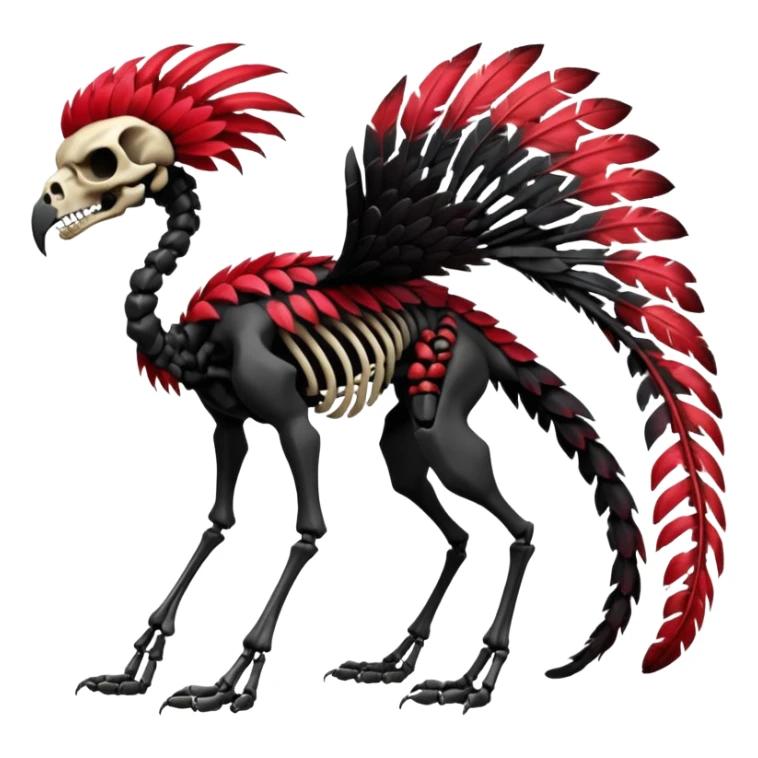Rare realistic dark edgy tropical tribal patterned red-feathered skeletal badass epic handsome gorgeous aesthetic colorful vibrant black-skulled Vernid-Trico-species-Fakemon-creature by LiLaiRa, 4 legs, 1 tail, random markings, (full body) sticker