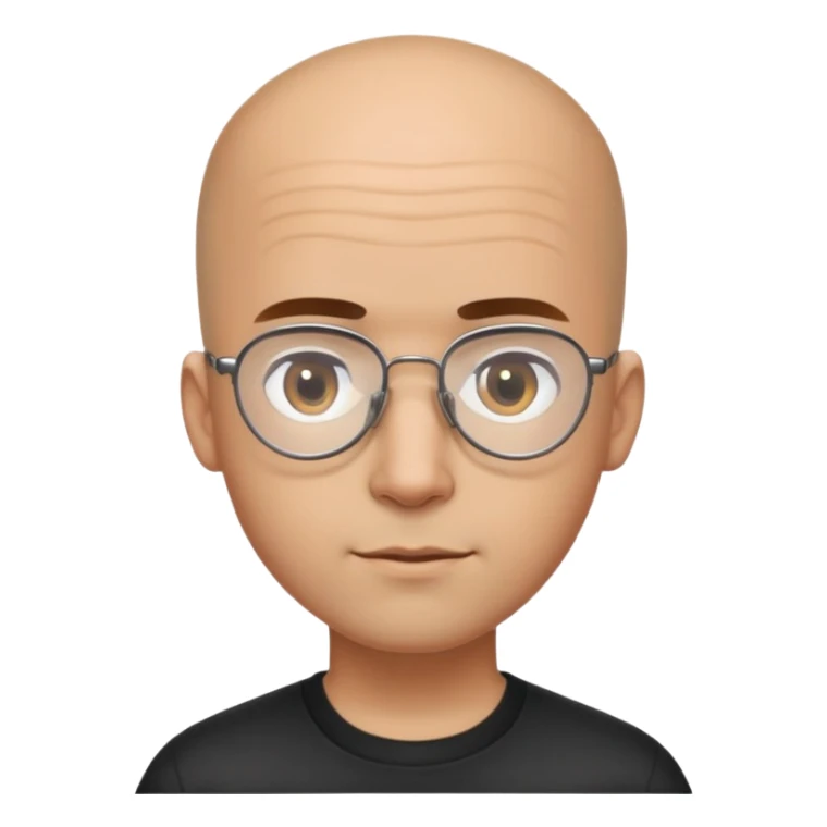 Man with small oval face and big forehead, aviator-style glasses, completely bald/shaved sides with very short curly dark hair only on top of head, neutral-friendly expression, light brown skin, wearing a black shirt sticker