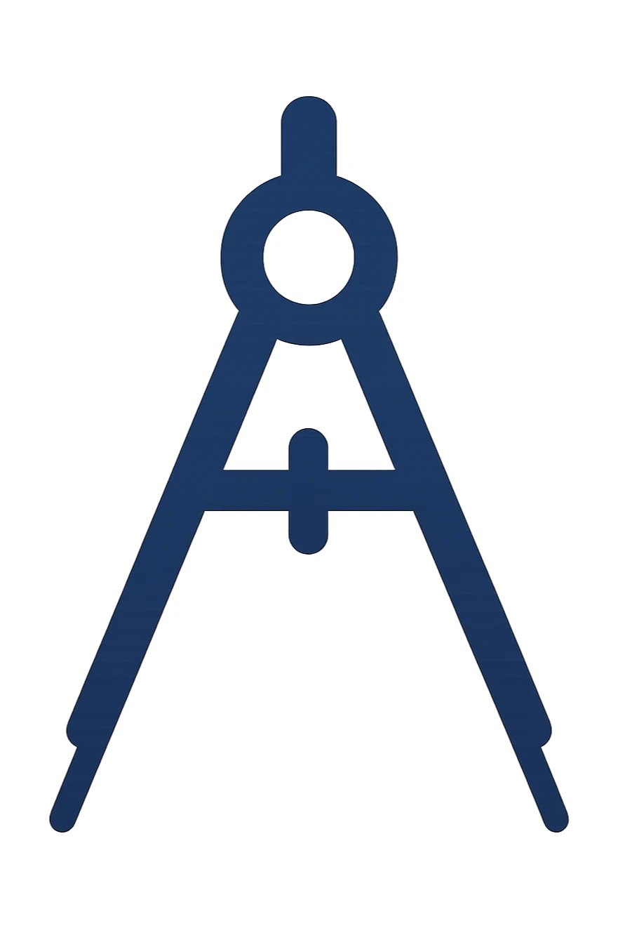 simple flat design logo of a navy blue compass inspired by historical mathematical instruments, modern and iconic sticker