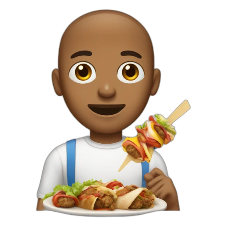 a brown skinned man, emaciated face with short curly hair eating a kebab sticker