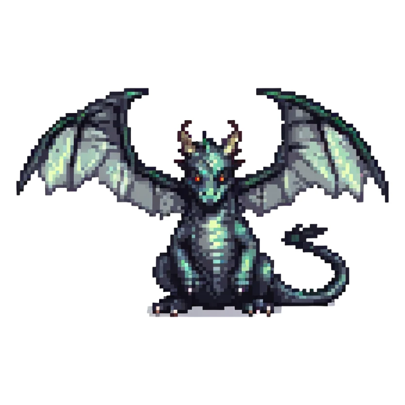 Make the wings even bigger on this black dragon with two medium horns, keep pixel art style and no background. sticker