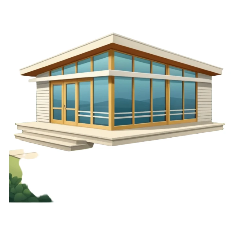 midcentury modern house with 1000 sqft and all windows and a sliding windows on corner. With overhanging shade and slats. sticker