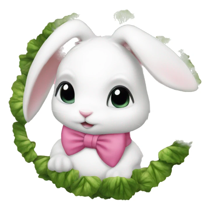 White bunny brown eyes with a pink bow and kale sticker