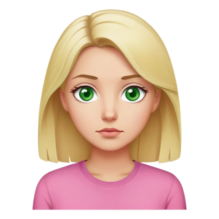 Blonde woman. Pink shirt. Green eyes. Question sticker