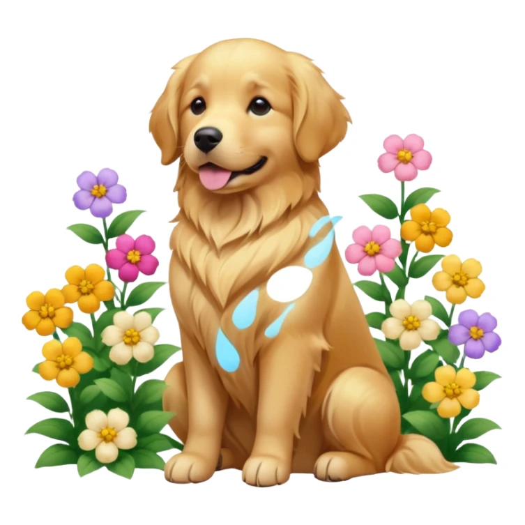 A Golden Retriever sitting in a blooming flower garden, sunlight highlighting its shiny golden fur. Gentle expression, realistic photography, warm color tones. sticker
