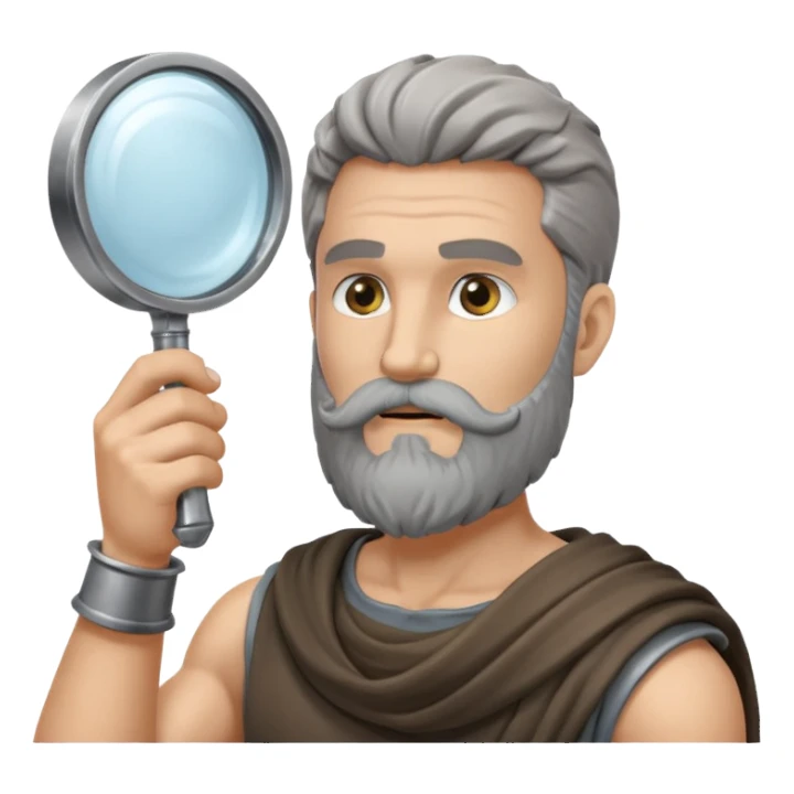 Dios griego con barba estilo estatua de color gris, de perfil mirando con una lupa de sticker