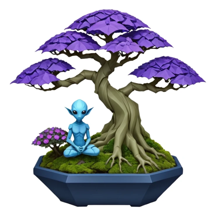Futuristic wild glowing et alien moss maples Bonsai hair-fine-leaf group multi faceted intricate crystal boxwood Darth Vaderpurple and cream rose blue informal rocky cliffhanger eight trees forest planting in shallow origami slab style pot with big anthropomorphic feet  sticker