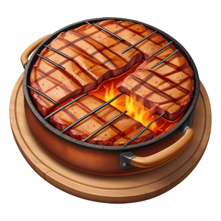 A cinematically realistic emoji with a barbecue dish, depicted as marinated meat, grilled to perfection, with a rich smoky texture and dynamic mouth-watering lighting. sticker