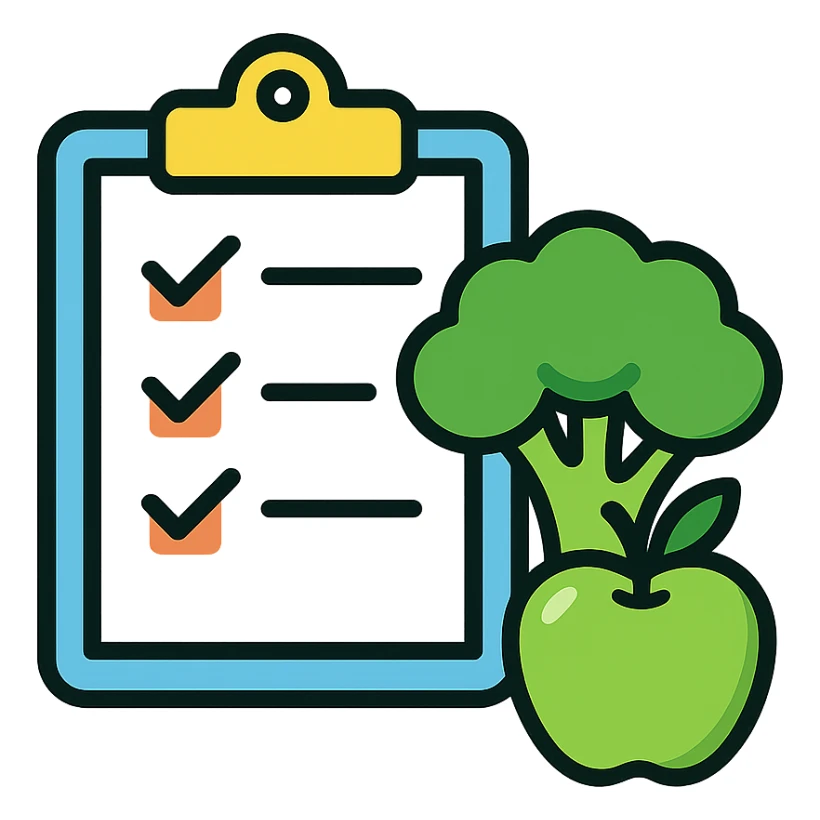 Vector-style illustration of a healthy diet checklist: an open notepad with checkmarks, placed beside fresh broccoli and a green apple. Clean, crisp lines, modern flat design with realistic soft shadows and highlights. High contrast, vibrant colors, minimalistic background. Professional, polished style, ideal for health or nutrition app or article illustration. sticker